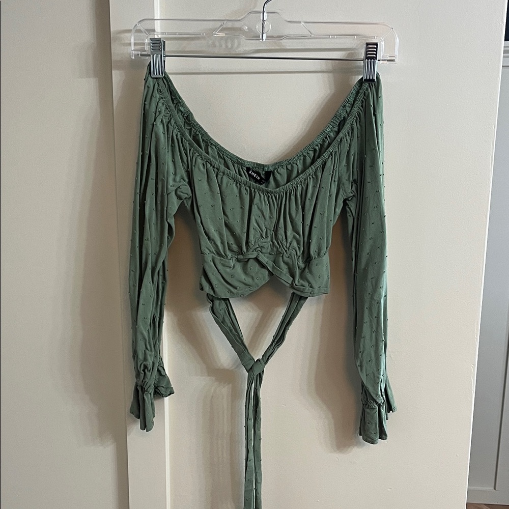 SHEIN Olive Off-Shoulder Tie-Front Blouse